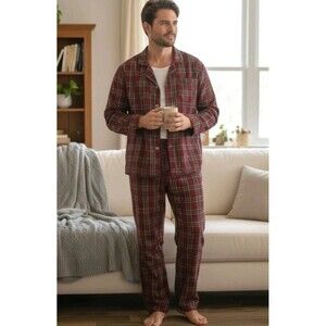 LL Bean Scotch Plaid Pajama Set Size M Red Tartan Loungewear Flannel Grandpa